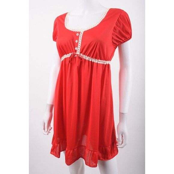 Vintage Womens Peignoir Babydoll Nightgown Pajama set + Robe Red Lace Trim Short - Picture 9 of 12